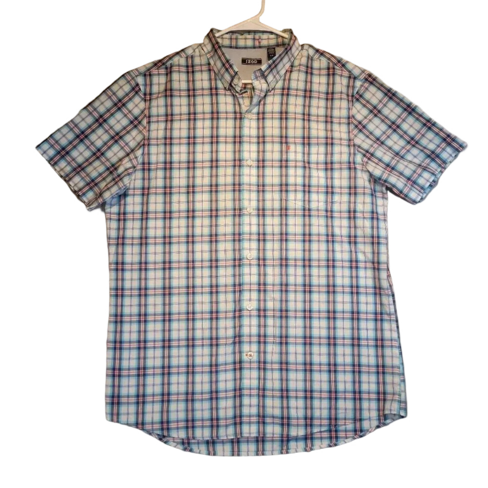 IZOD Men's Short Sleeve  Button Down Plaid Shirt White/Blue/Red Size Large